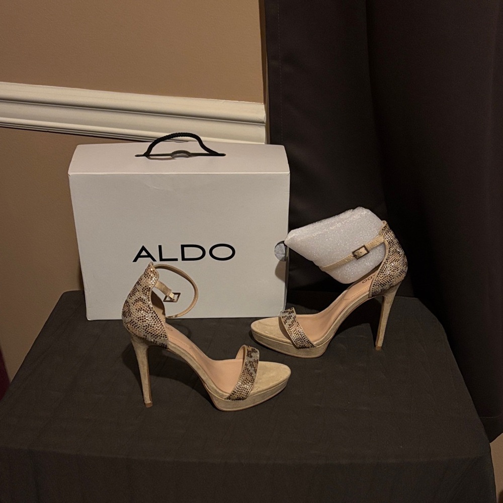 ALDO Snake-Print Beige/Tan Ankle-Strap Stiletto Heels